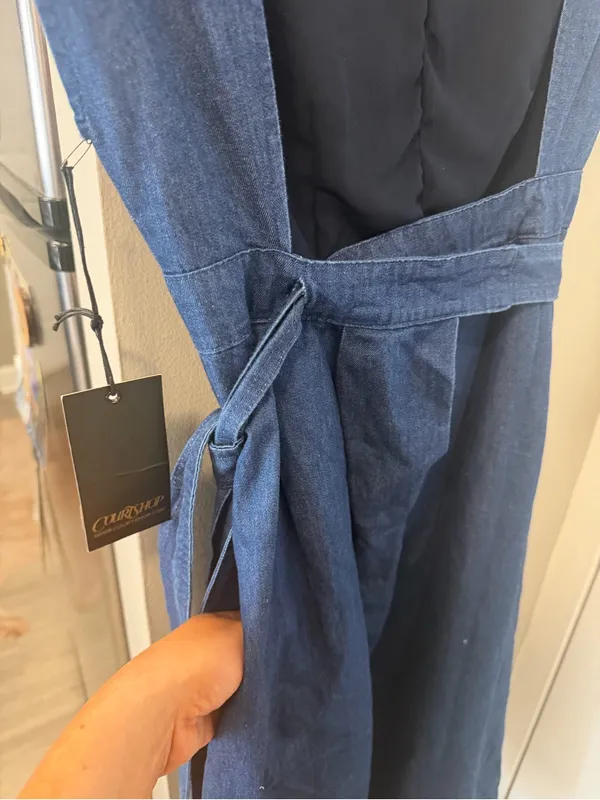 $179 NWT urban Outfitters Courtshop Denim Anita Midi Dress Charming chambray M - Image 7
