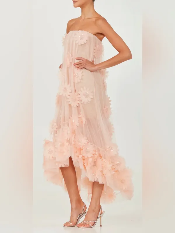 NEW HELSI Athena Bead & 3D floral Appliqué Strapless Mesh Pink Pearl Gown sz S - Image 3