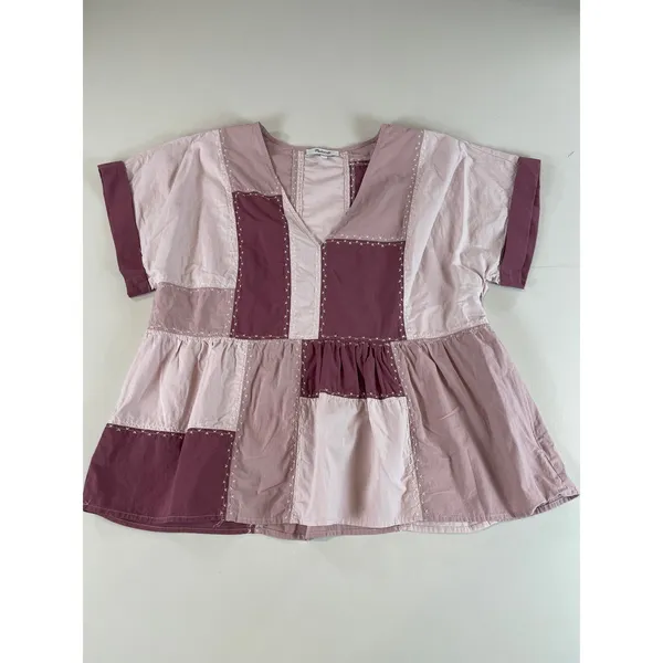 Madewell Signature Poplin Patchwork Peplum Top XL Warm Thistle Cotton - Image 4