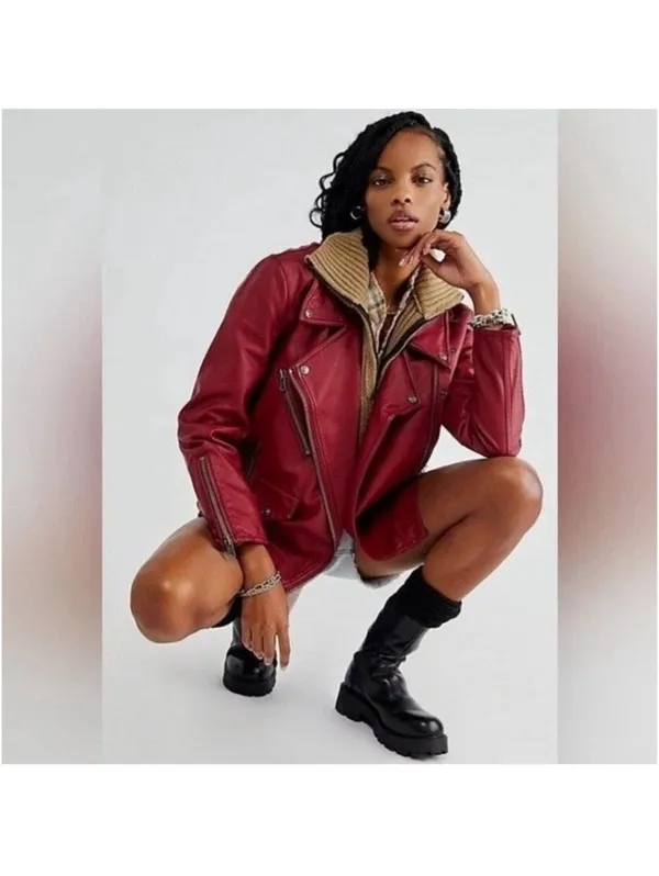 Free People We The Free Jealousy Vegan Leather Moto Jacket – Rhubarb Red – Size Small - Image 3