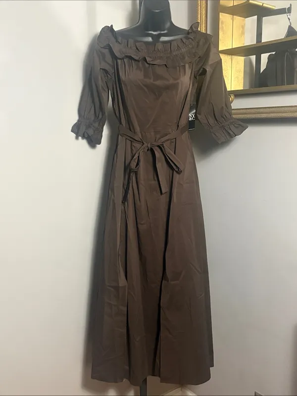 NEW New York & Co Medium Long Brown Dress Off Shoulder Front Slits Deep Pockets - Image 2