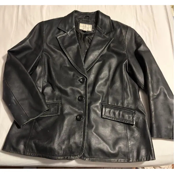 Worthington Black Genuine Lambskin Leather Blazer Jacket‎ Petite Large 3-Button - Image 6