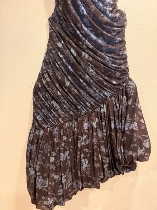 Let Me Be Blue Printed Asymmetrical Ruched Polyester Midi Dress Sz XS Boho Chic - Image 4
