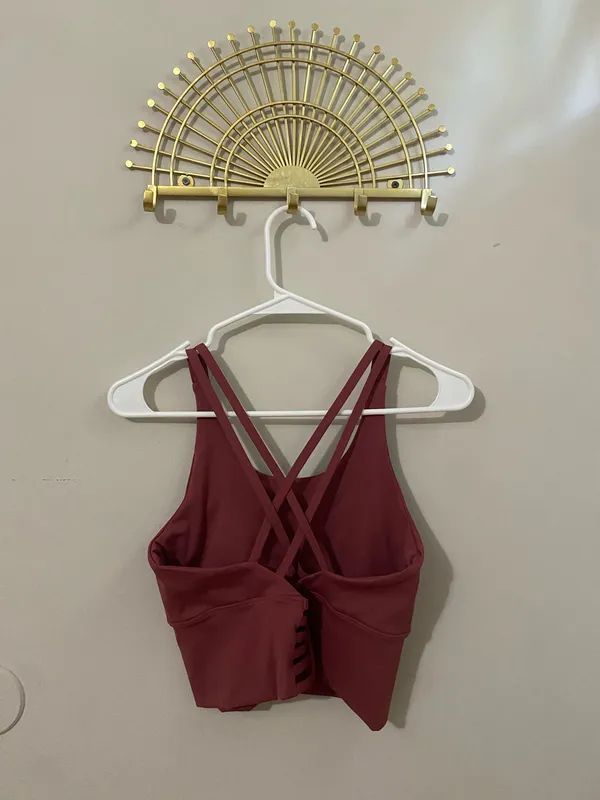 Burgundy Strappy Crop Sports Bra Top - Image 2