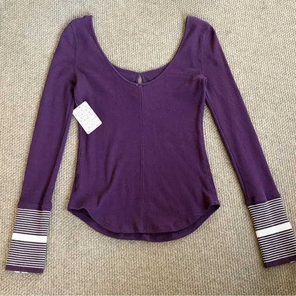 NWT Free People Mod Stripe Cuff Waffle Knit Top Purple Size Medium - Image 9