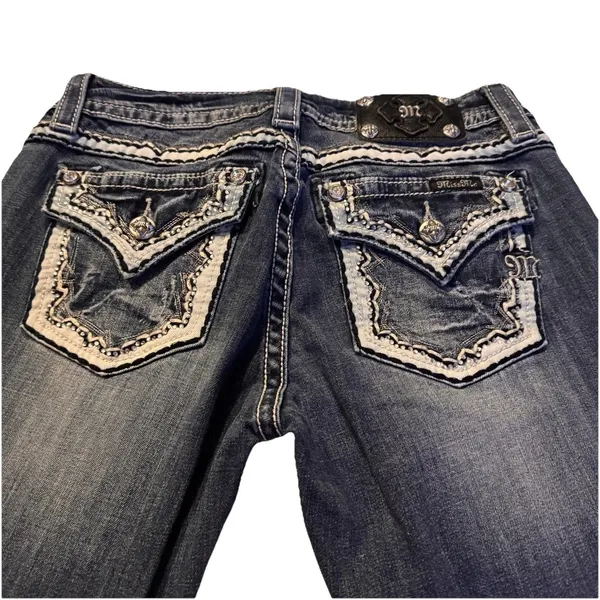 Miss Me Sz 28 STYLE XP 7035B RELAXED Boot Jeans Embellish Dark Blue Distress - Image 5