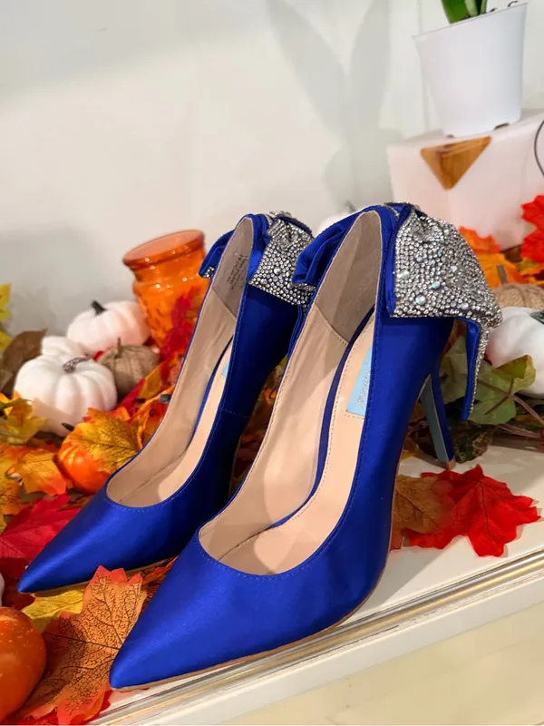 Betsey Johnson Royal Blue Satin Pointed Toe Heels with Crystal Bow - Image 6