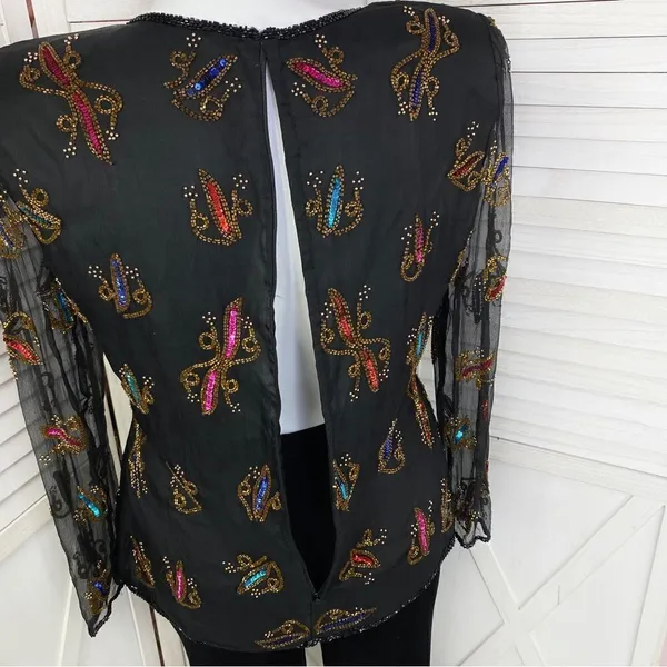 Stenay Vintage Sequin‎ Beaded Silk Blouse Black Multi XL - Image 7