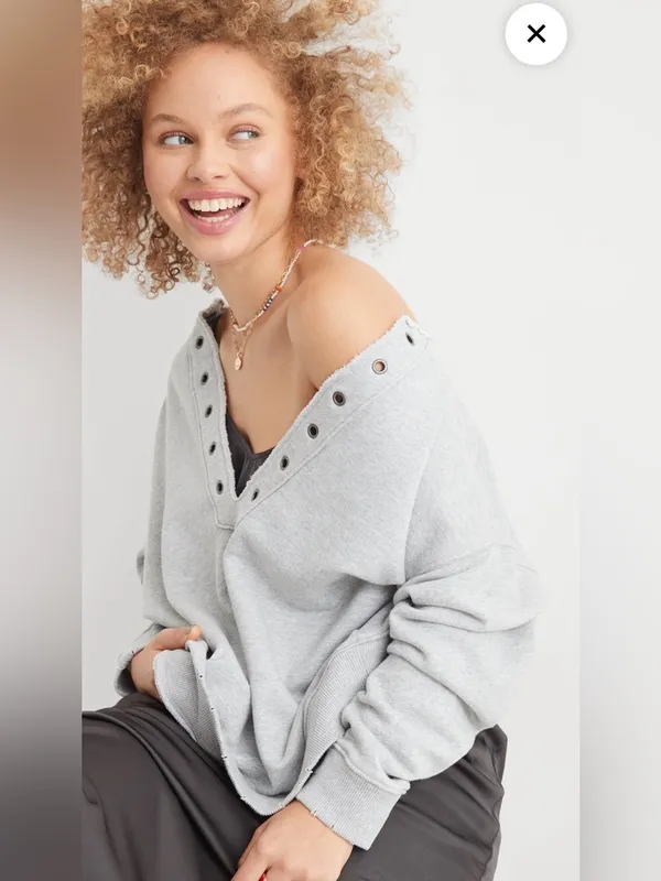 Aerie Lace Up Oversized Crew Sweatshirt in Gray Size Medium - Image 3
