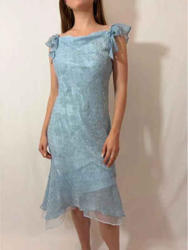 Light Blue Rose Floral Velvet Ruffle Japanese Vintage Formal Coquette Dress - Image 9