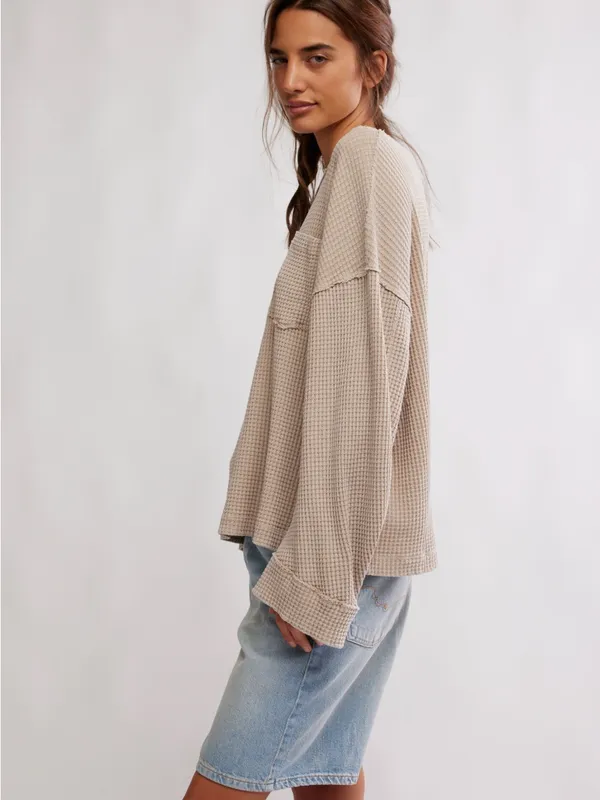 Free People We the Free Waffle-Knit Pocket Pullover Top - Beige - Image 2