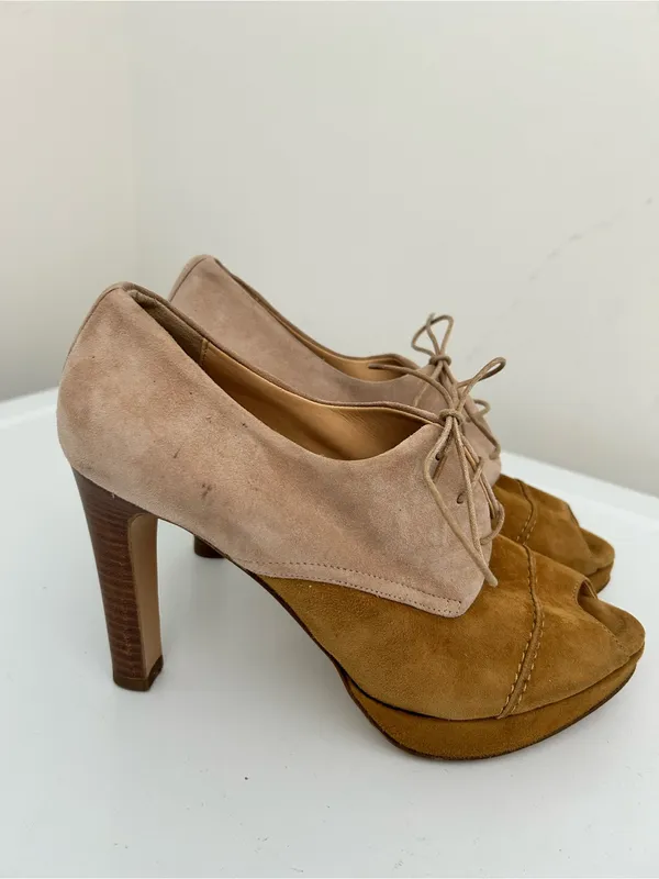J Crew Peep Toe Suede Oxford Heels Tan Camel Two Tone Size 8 - Image 2