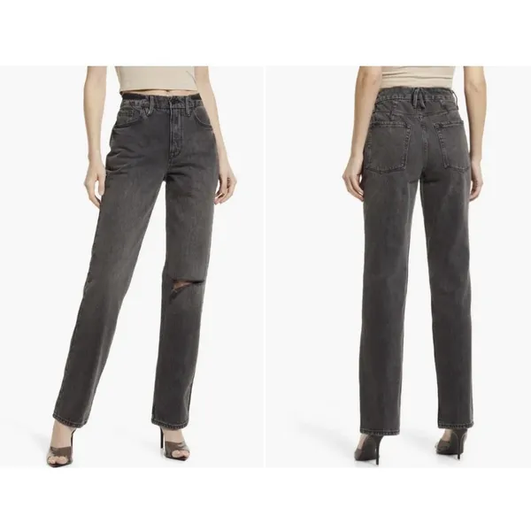 Good American Good‎ 90s Chic Relaxed Jeans Washed Black Single Knee Slash 2/26 - Image 2