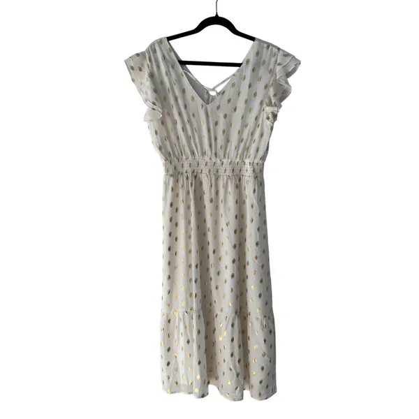 Grace Karin‎ White Gold Metallic Polka Dot Ruffle Midi Dress Large New - Image 7