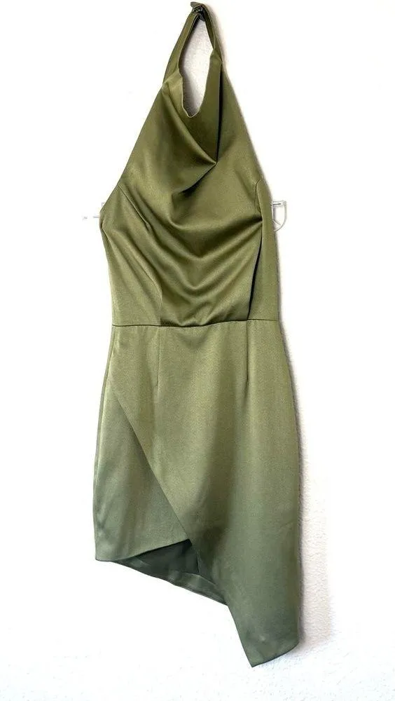 Elliatt Camo Green Asymmetric Satin Halter Mini Dress Size XS - Image 3