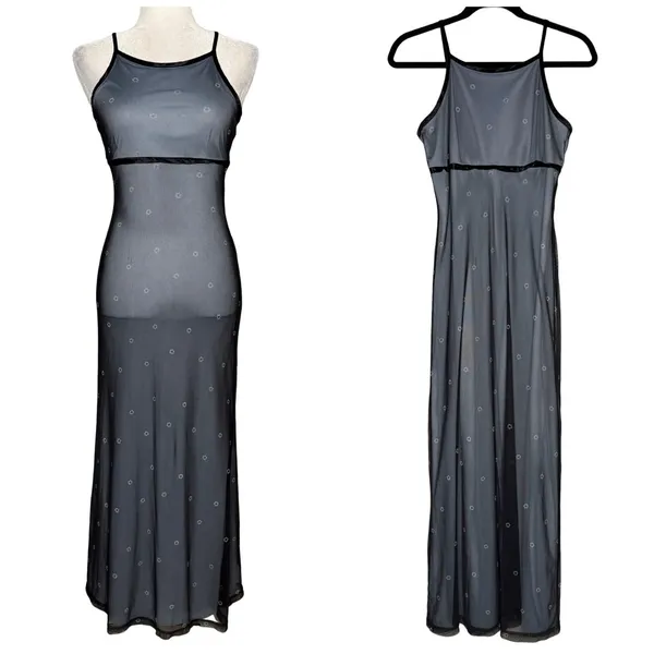 Vtg 90s Mesh Overlay Column Maxi Empire Waist Dress 7/8 Fairy Grunge Whimsigoth - Image 2