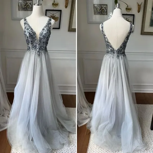 Dave & Johnny Grey Navy Blue Beaded Prom Dress Formal Ball Gown $438 0 - Image 2
