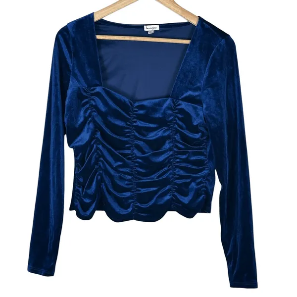 Love Fire Ruched Square Neck Solid Velvet Crop Top Blue Goth Aesthetic Size L - Image 2
