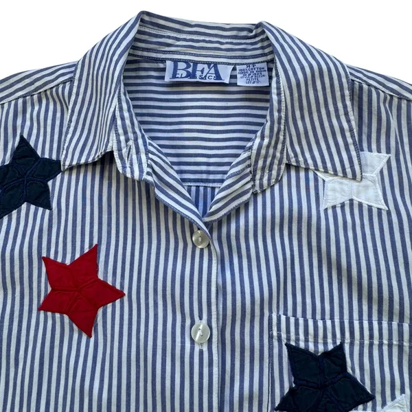 BFA Classics Blue White Striped Shirt Womens Med Petite Star Patriotic‎ Vintage - Image 3