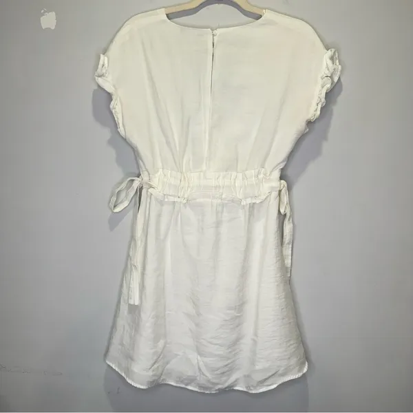 🍁 Zara Ruffle V-neck Mini Dress‎ Cinched Waist Ties White Small - Image 3