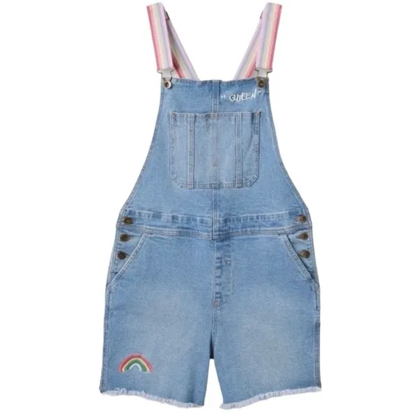 Target PRIDE SHORTALLS | Take PRIDE Queen Rainbow Patchwork Denim Unisex Shortalls - Image 2