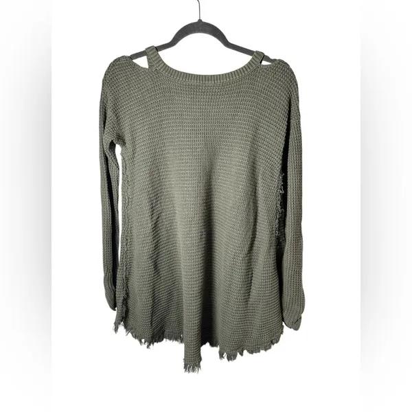 Free People Distressed Waffle Knit‎ Cold Shoulder Sweater Small Olive Green - Image 6