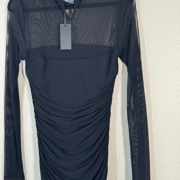 H:ours Black Ruched Bodycon Mini Dress Womens M Sheer Baddie Party Night Out - Image 8