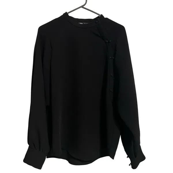 ZARA Black Mandarin Collar Button Front Long‎ Sleeve Blouse Women Size M - Image 3