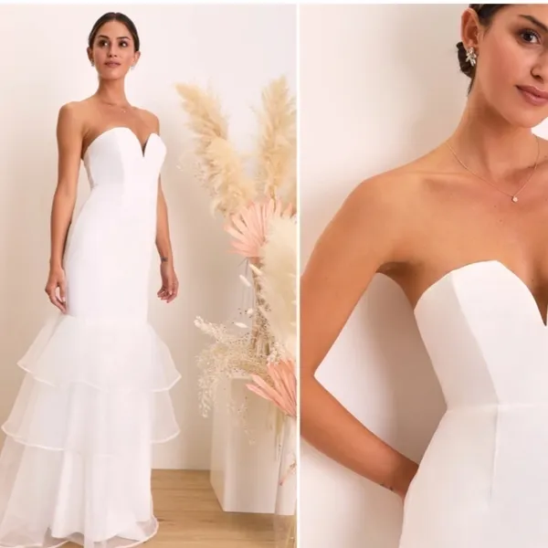 LULU's Bridal Wedding Chic Sexy Bustier Organza Tiered Ruffles Maxi Gown - Image 3