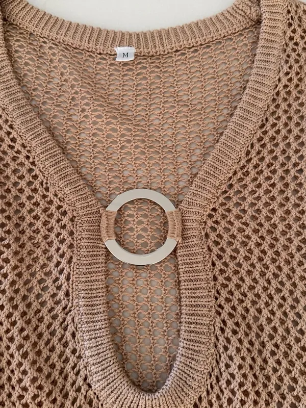 Open-Knit Long Sleeve Swim Coverup Tunic in Tan with Ring Detail - Image 2