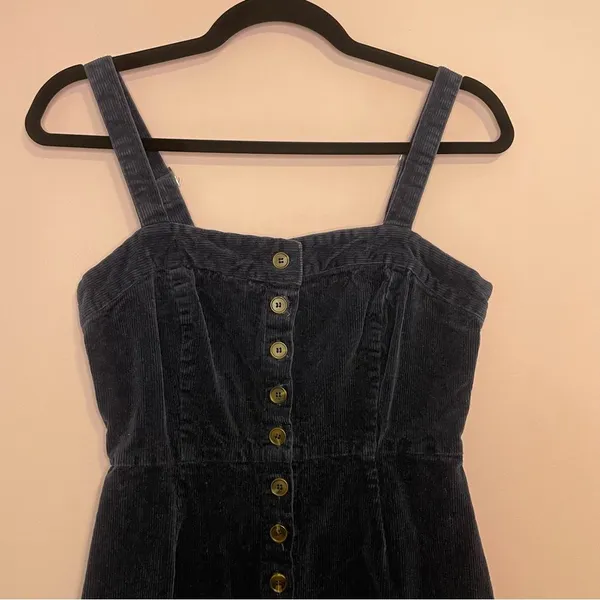 Sky & Sparrow Pinafore Mini Dress Navy Ribbed Corduroy Tortoise Button Size M - Image 2