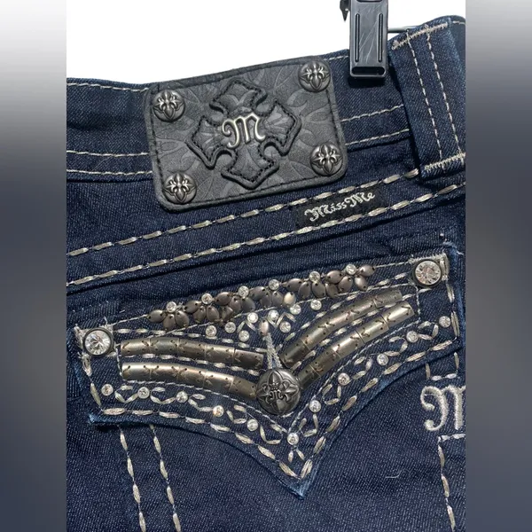 Miss Me Dark Wash Embellished Pocket Straight Leg Bling Jeans - Image 2