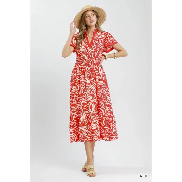 Umgee Paisley Print Midi Dress‎ with Side Pockets - Red - Small - Image 4