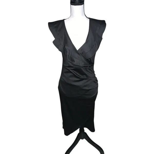 Women's V Neck Ruffle and Trim Wrap Hem Cap Sleeve Bodycon Midi Dress Satin Black - Image 3