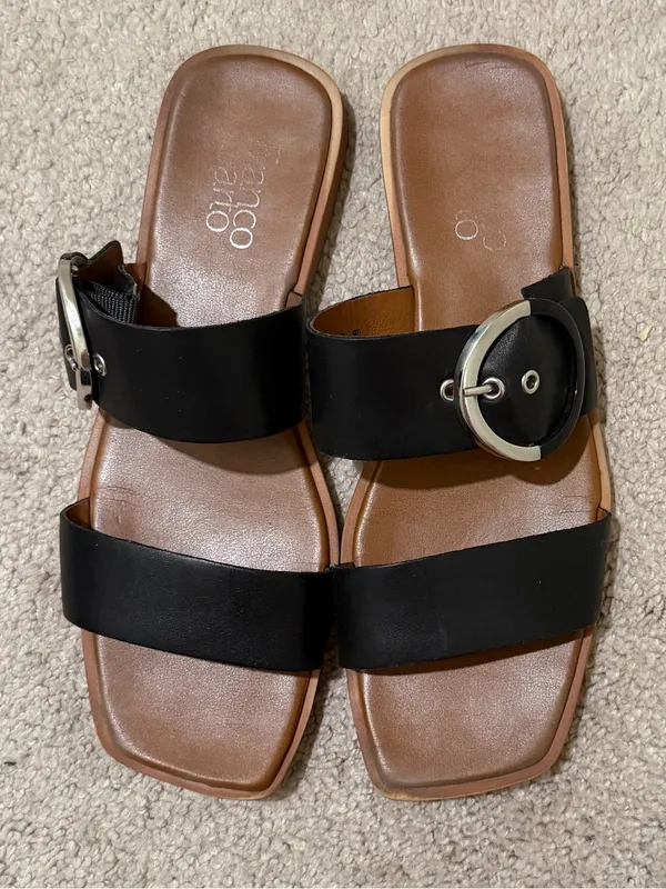 Franco Sarto Black Double-Strap Slide Sandals with Silver Buckle - Image 4