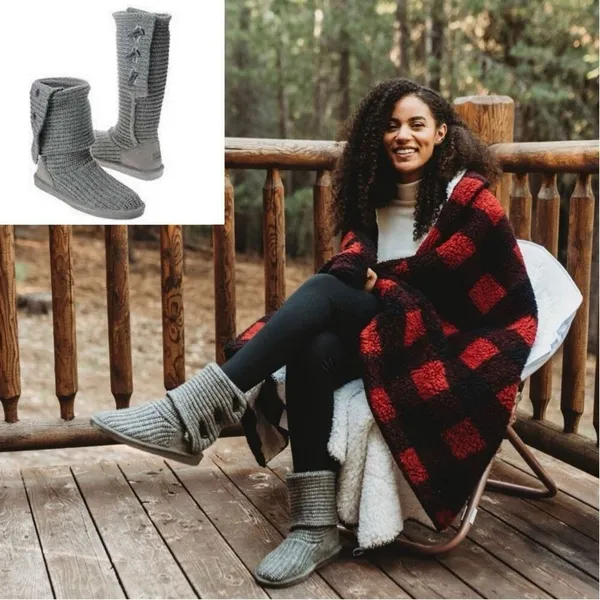 Bearpaw Womens Knit Tall Boots Sheepskin Footbed Fold Down Gray‎ Size 10 - Image 2