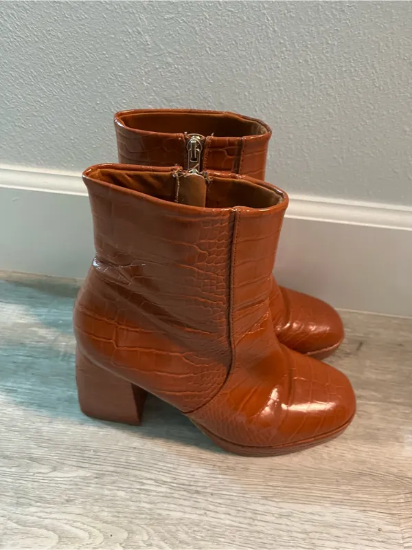 ASOS Croc-Embossed Block Heel Ankle Boots - Brown - Image 6
