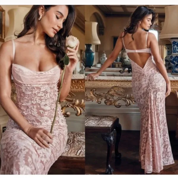 HOUSE OF CB 'Azzurra' Rose‎ Pink Lace Godet Gown NWOT size M - Image 13