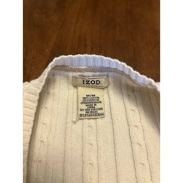 IZOD Womens Cable Knit Sweater White Crew Neck Cotton Size M Preppy Classic Y2K - Image 5