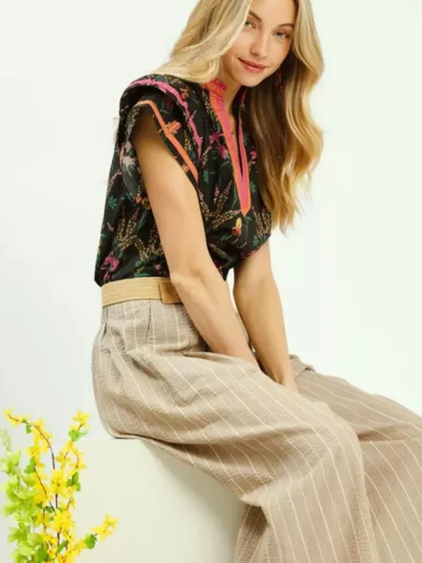 Umgee Mix Floral‎ Print Blouse with Contrast Trim - Image 2