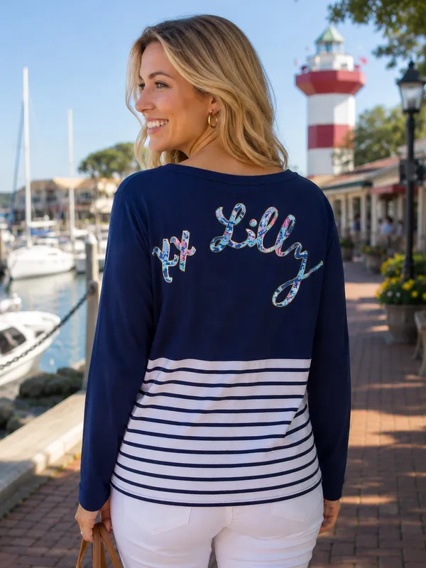 Lilly Pulitzer Finn Top Navy White Striped Lobster‎ Graphic Long Sleeve Shirt L - Image 2