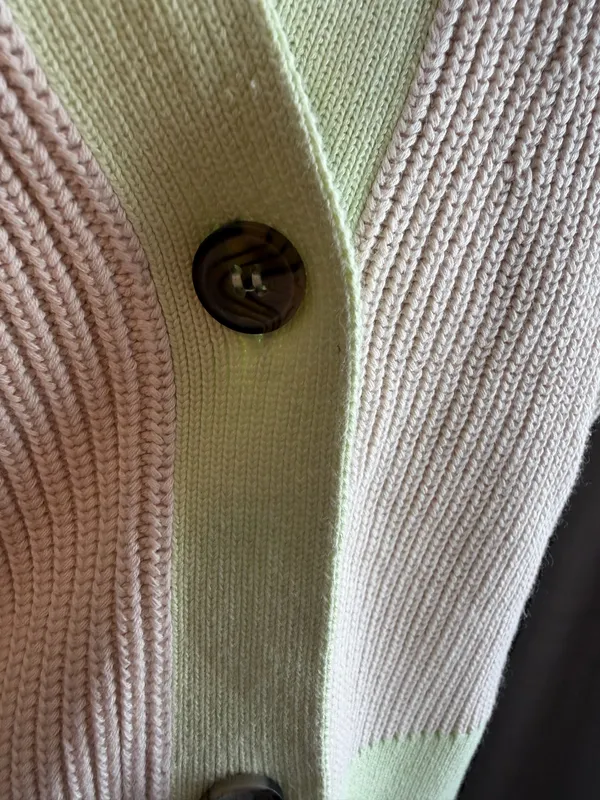 COS Cotton Ribbed Knit Colorblock Cardigan Cream Green - Image 4