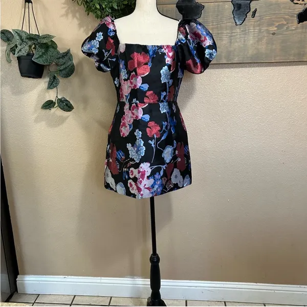 Lulus So Stunning Black Multi Floral Jacquard Puff Sleeve Mini Dress - Image 11