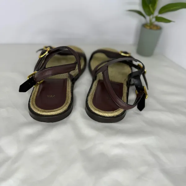 Zara Burgundy Leather Jute‎ Buckle Strappy Flat Sandals Shoes Womens 39 8.5 - Image 6