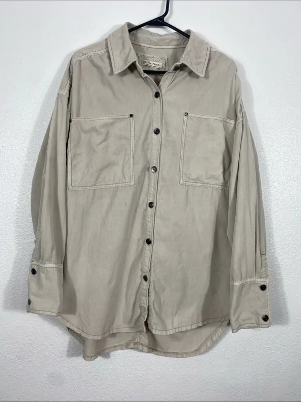 Free People Baby Corduroy Oversized Button Down Shirt Beige Small 100% Cotton - Image 4