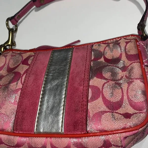 COACH Vintage Y2K Mini Monogram Suede/Leather Trim Canvas Shoulder Bag Hot Pink - Image 3