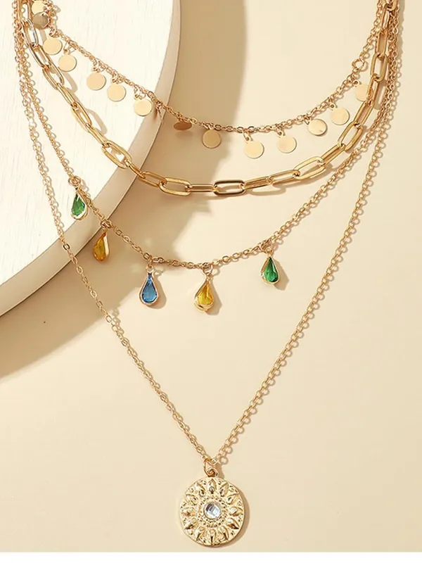 Gold Tone Layered Link Chain Necklace Sun Round Charm Clear Stone Lobster - Image 7