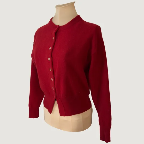 3075 | 100% Wool Cropped Cardigan Sweater Red Button Front Crew Neck Womens S - Image 2