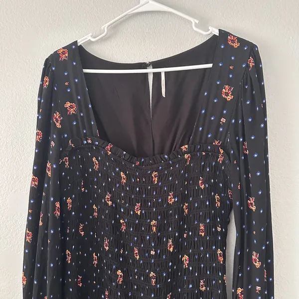 Free People-M Floral Long Sleeve Smocked Mini Dress Romantic Boho-Chic Babydoll‎ - Image 12