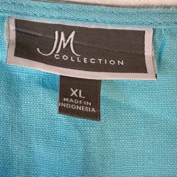 JM Collection Blue 100% Linen Beaded Embroidery Tunic Top XL 3/4 Sleeve Boho - Image 3